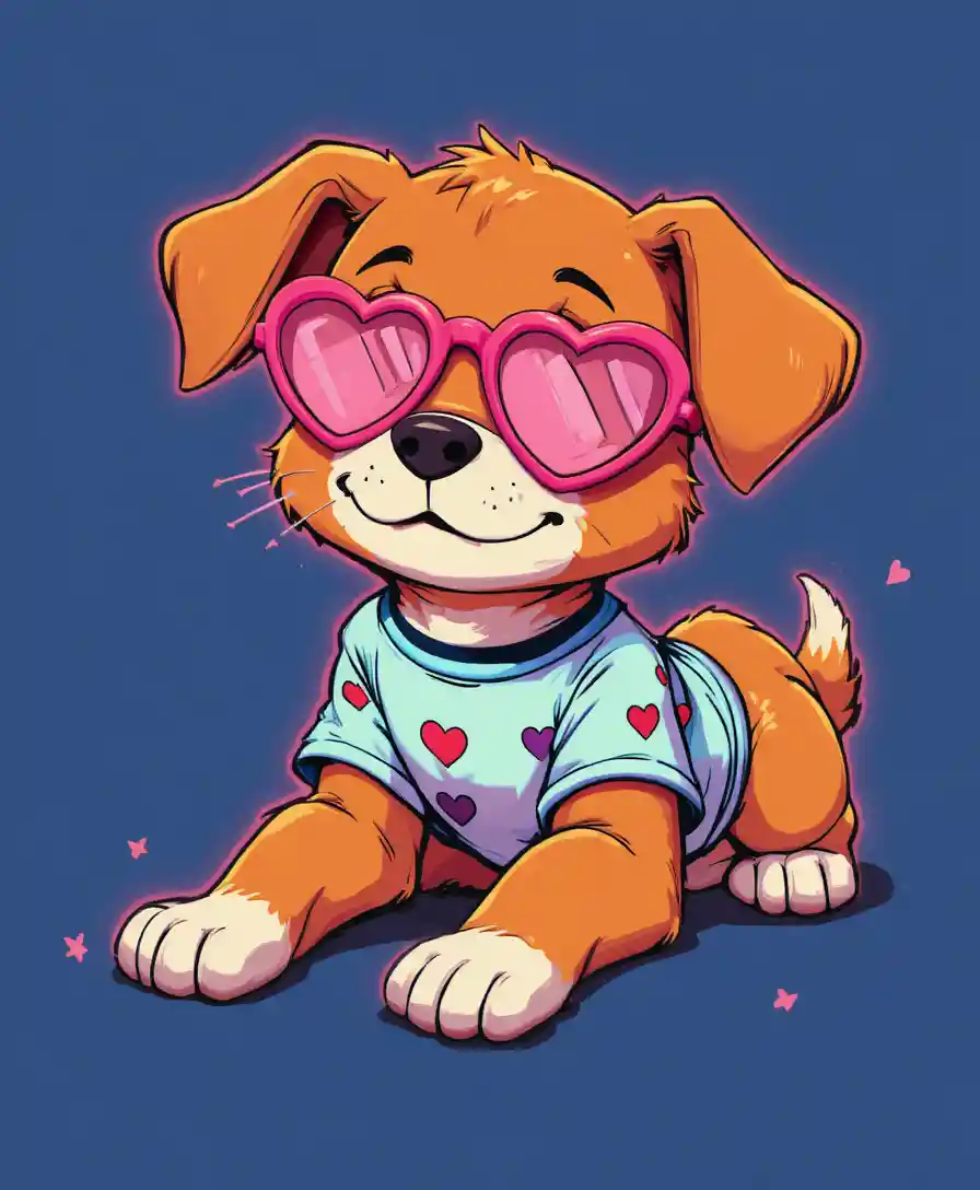 Dolce cagnolino vintage dei cartoni con occhiali a forma di cuore