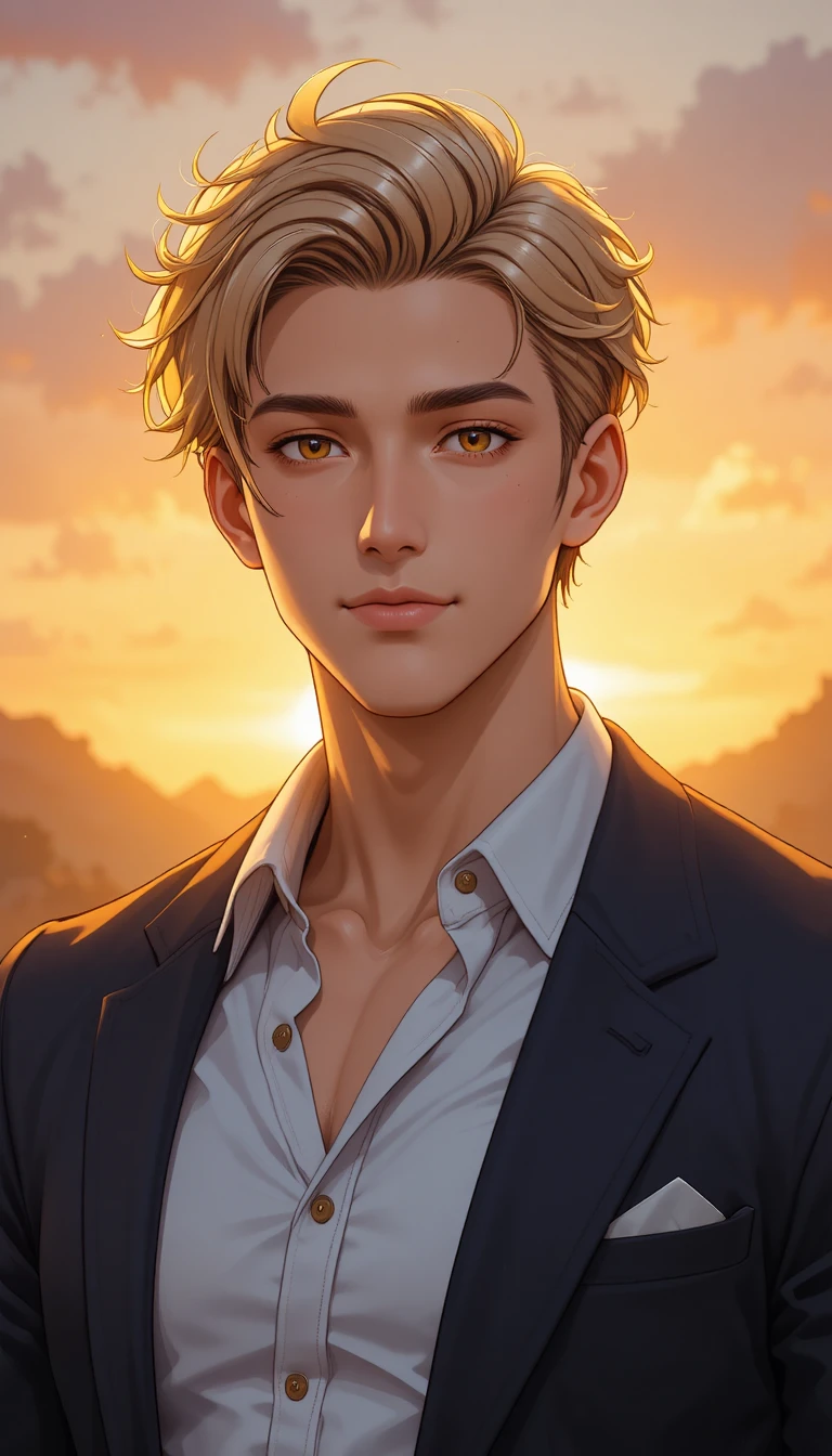 Hombre juguetón de ojos dorados en retrato anime al amanecer