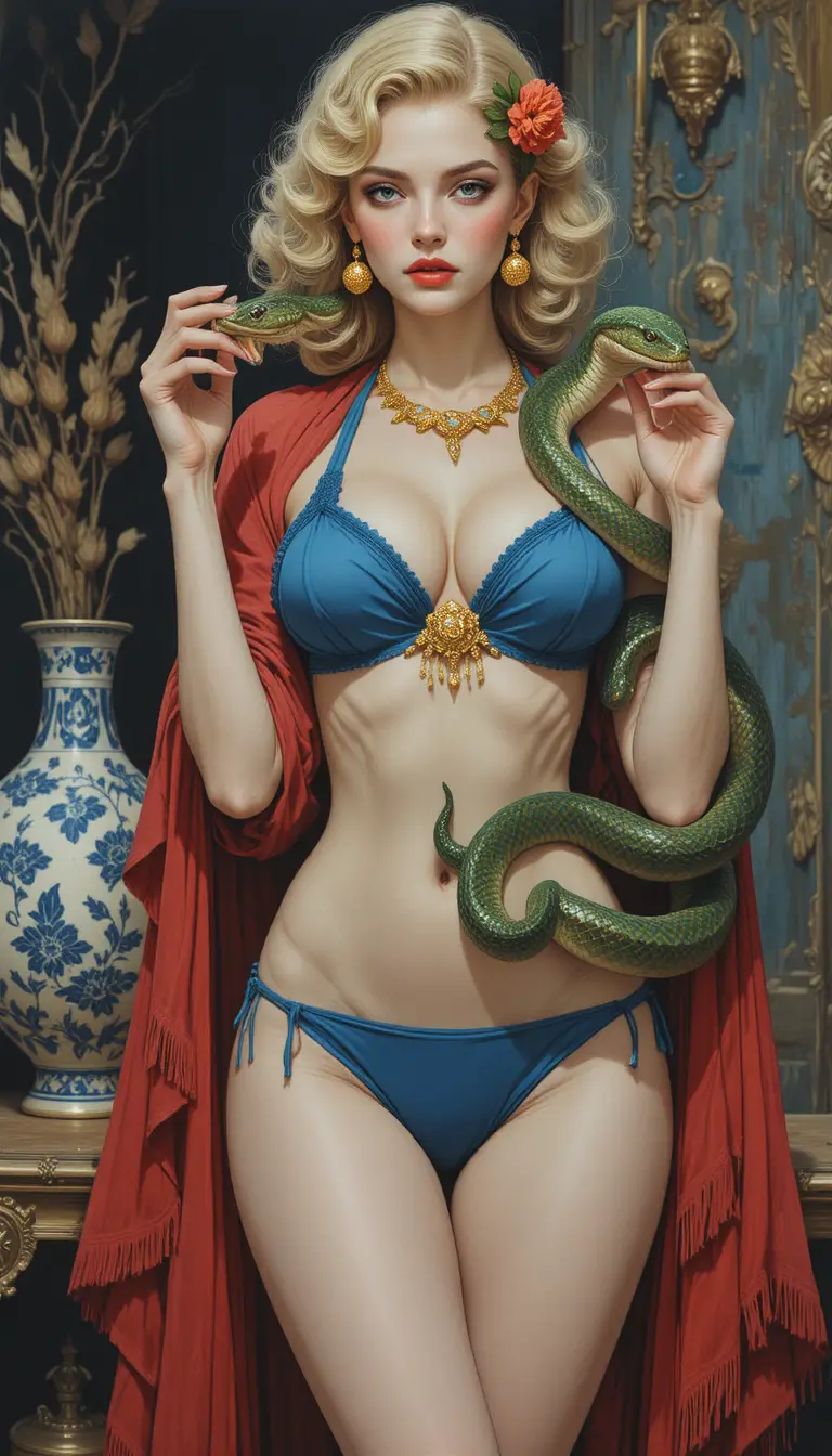 Vintage woman with snakes and ornate vase in bikini