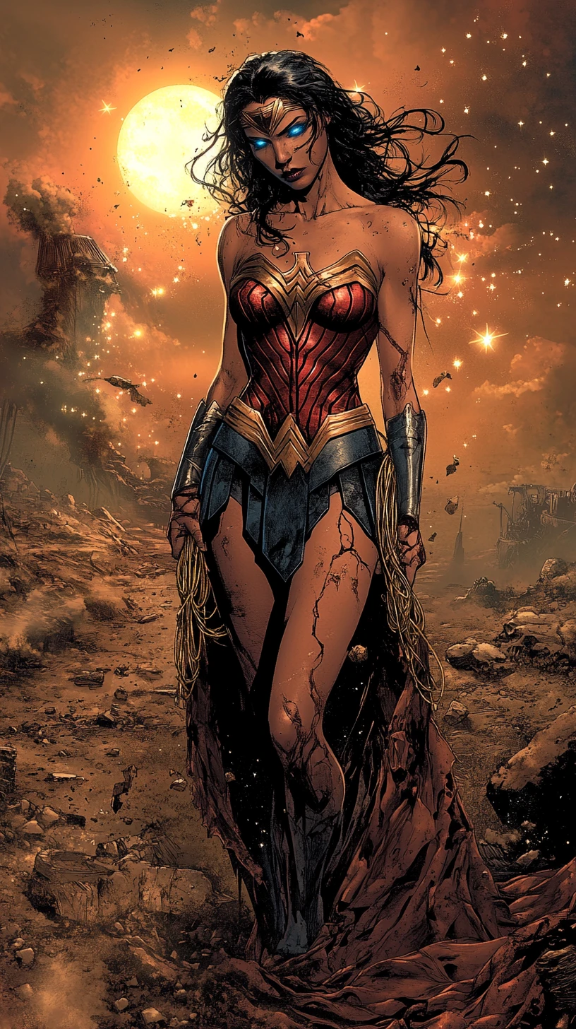 Weary warrior woman in a ruined wasteland