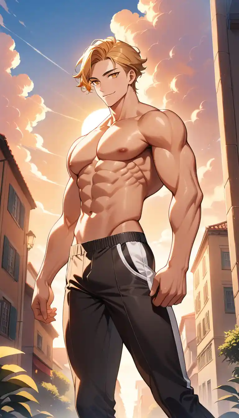 Homem de olhos dourados e sorriso brincalhão em retrato anime ao nascer do sol