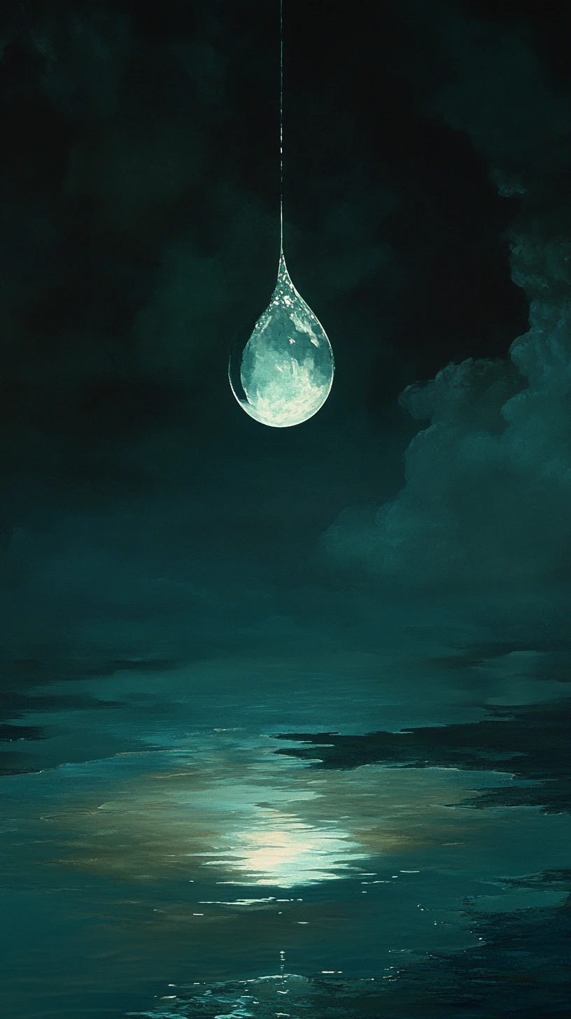 Lone glowing water droplet in a surreal moonlit realm