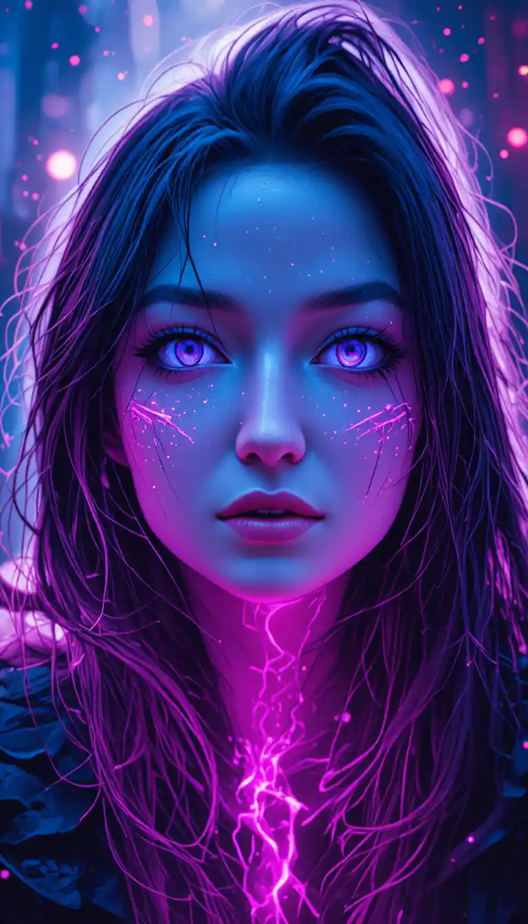 Visage de femme samouraï cybernétique émergeant d’un écran numérique lumineux