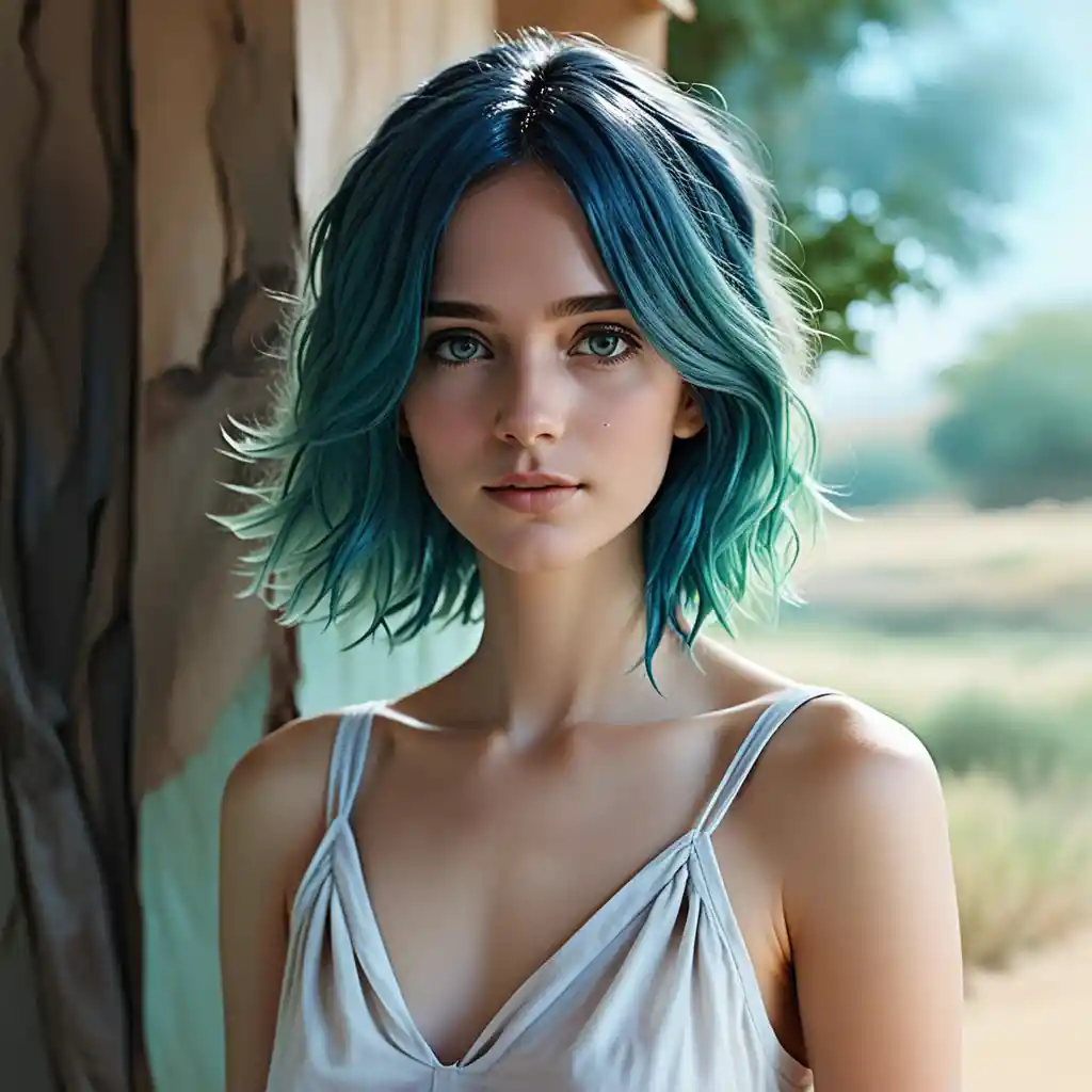 Turquoise haired woman in a white and blue summer dress