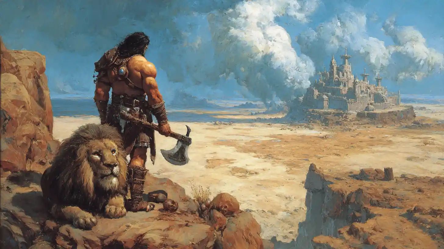Barbarian warrior and armored lion facing a looming djinn