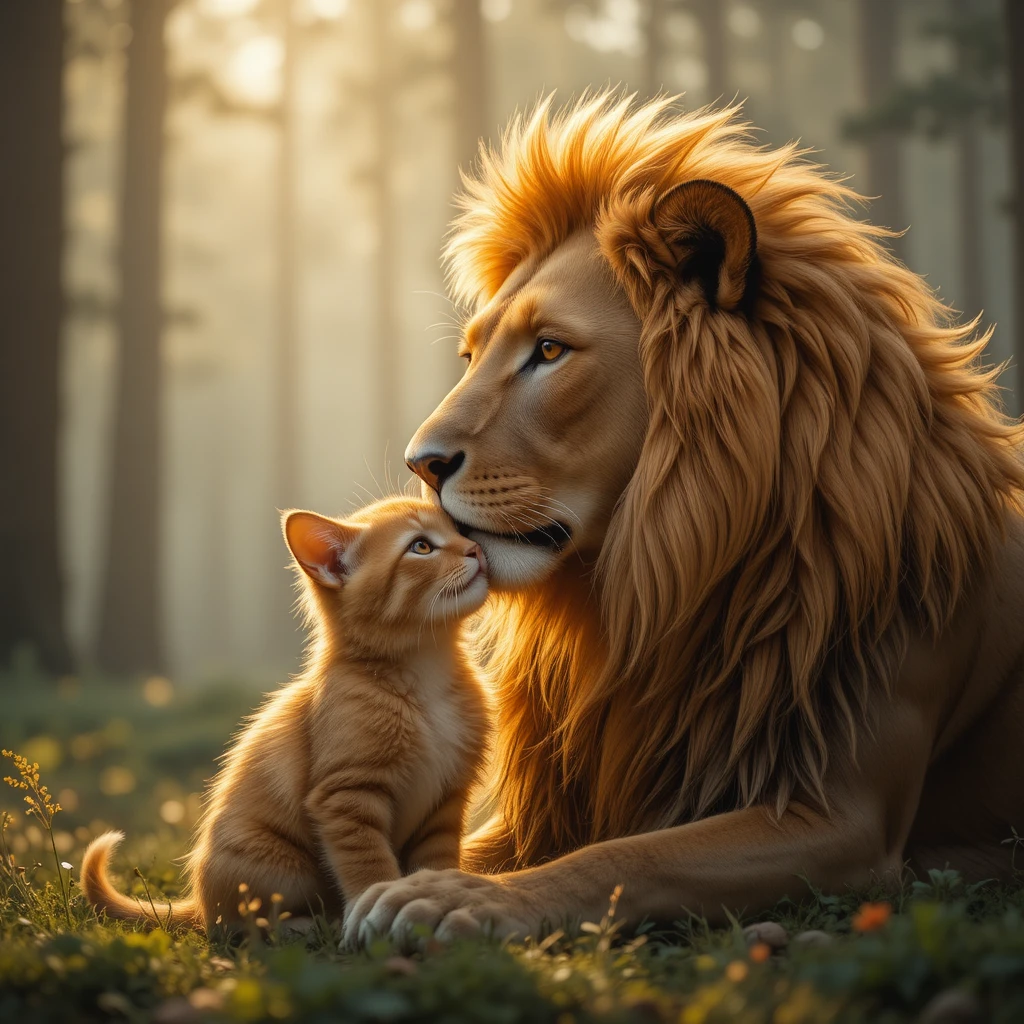 León y gatito compartiendo un tierno momento en un bosque bañado por el sol