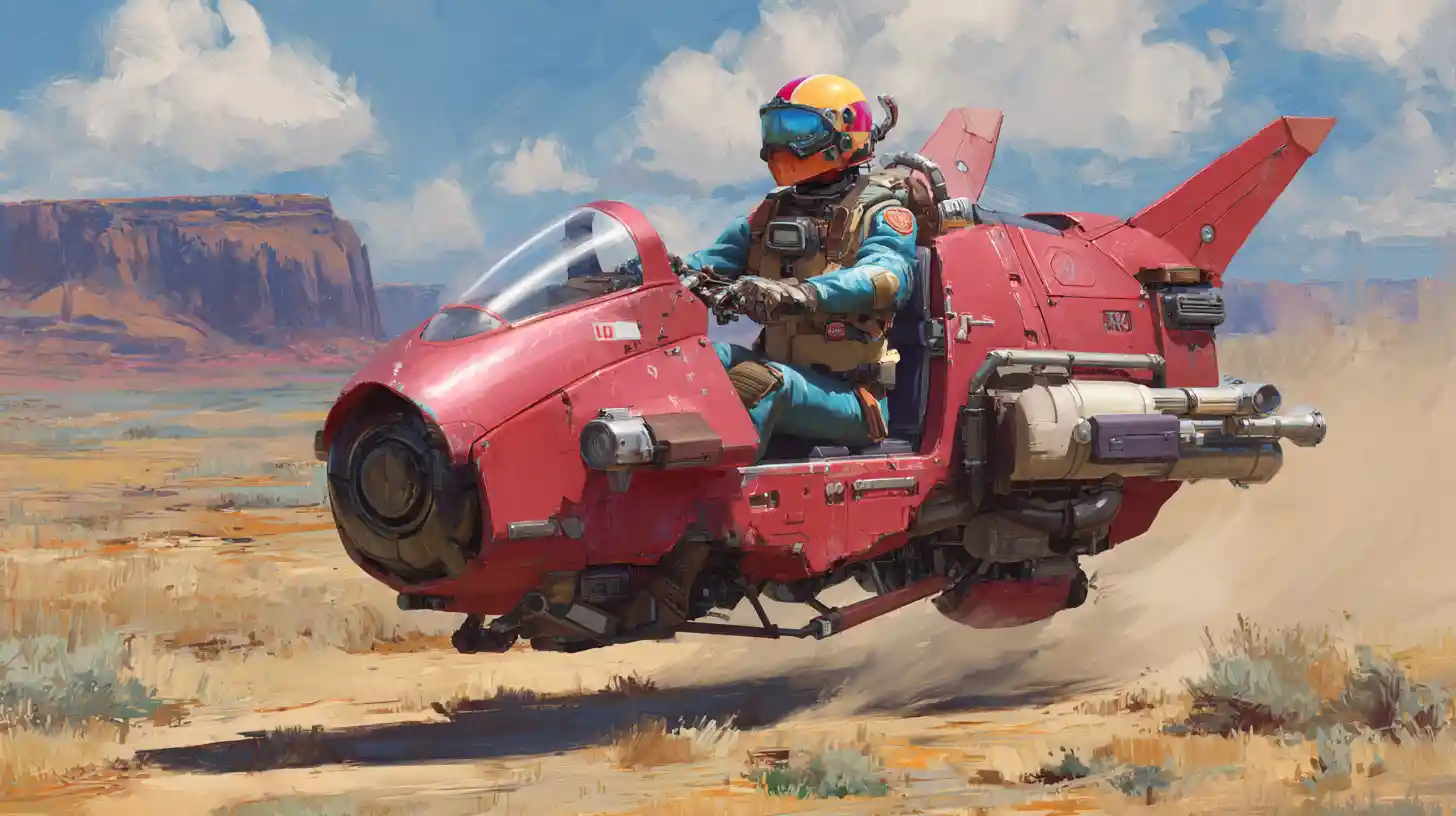 Speeder carmesí futurista corriendo por un desierto colorido