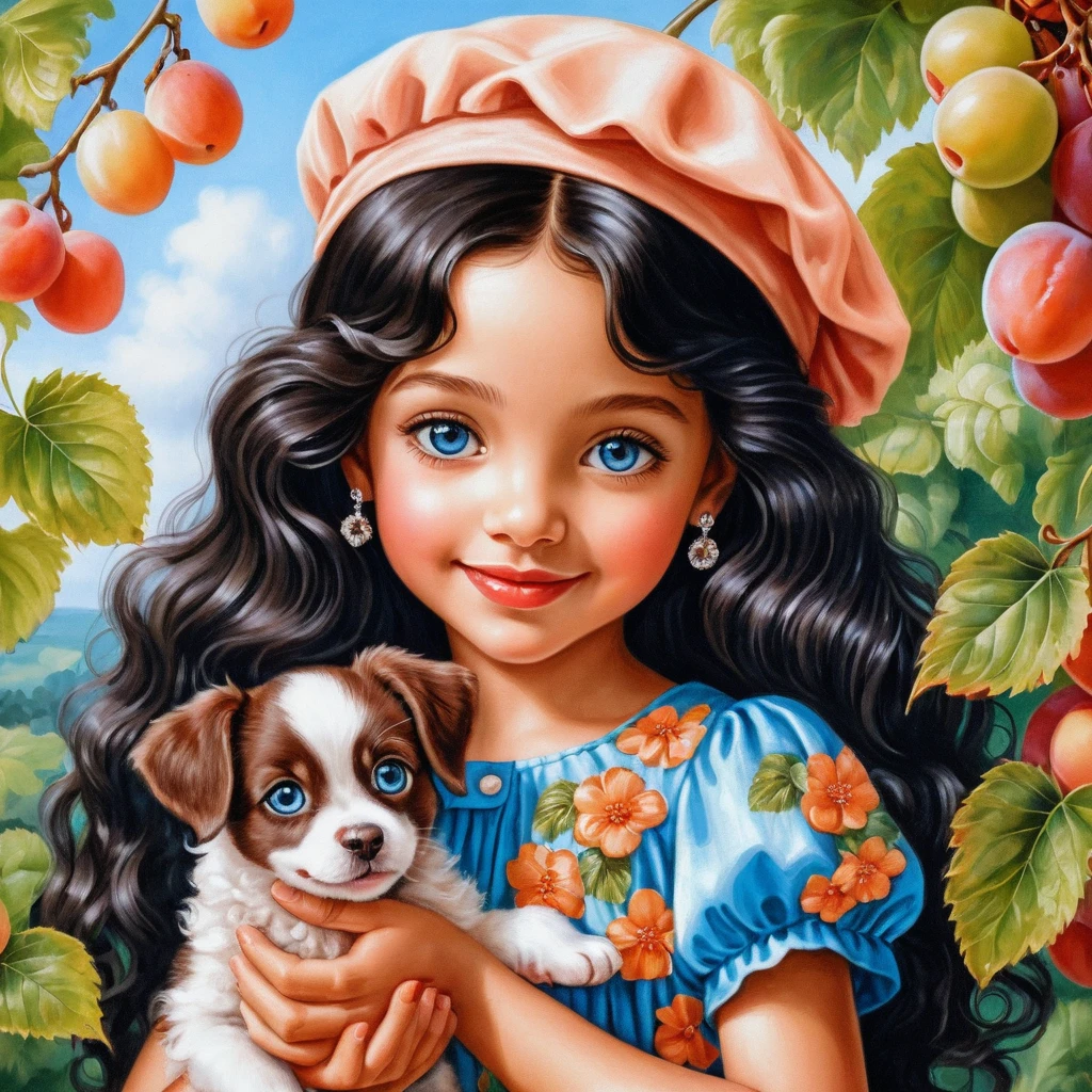 Menina sorridente com filhote e uvas em look de verão pêssego