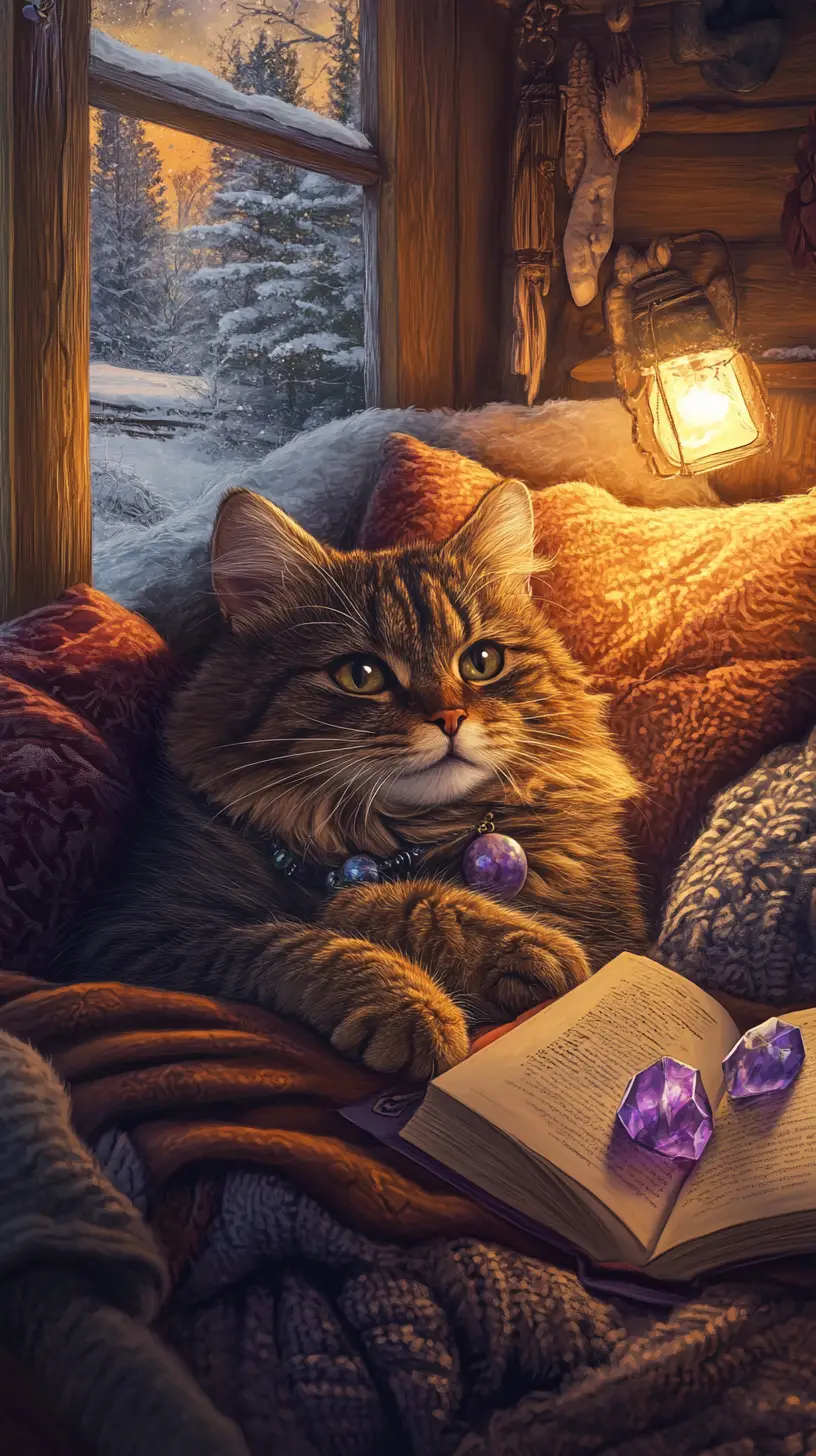 Cozy tabby cat resting on pillows in rustic bedroom