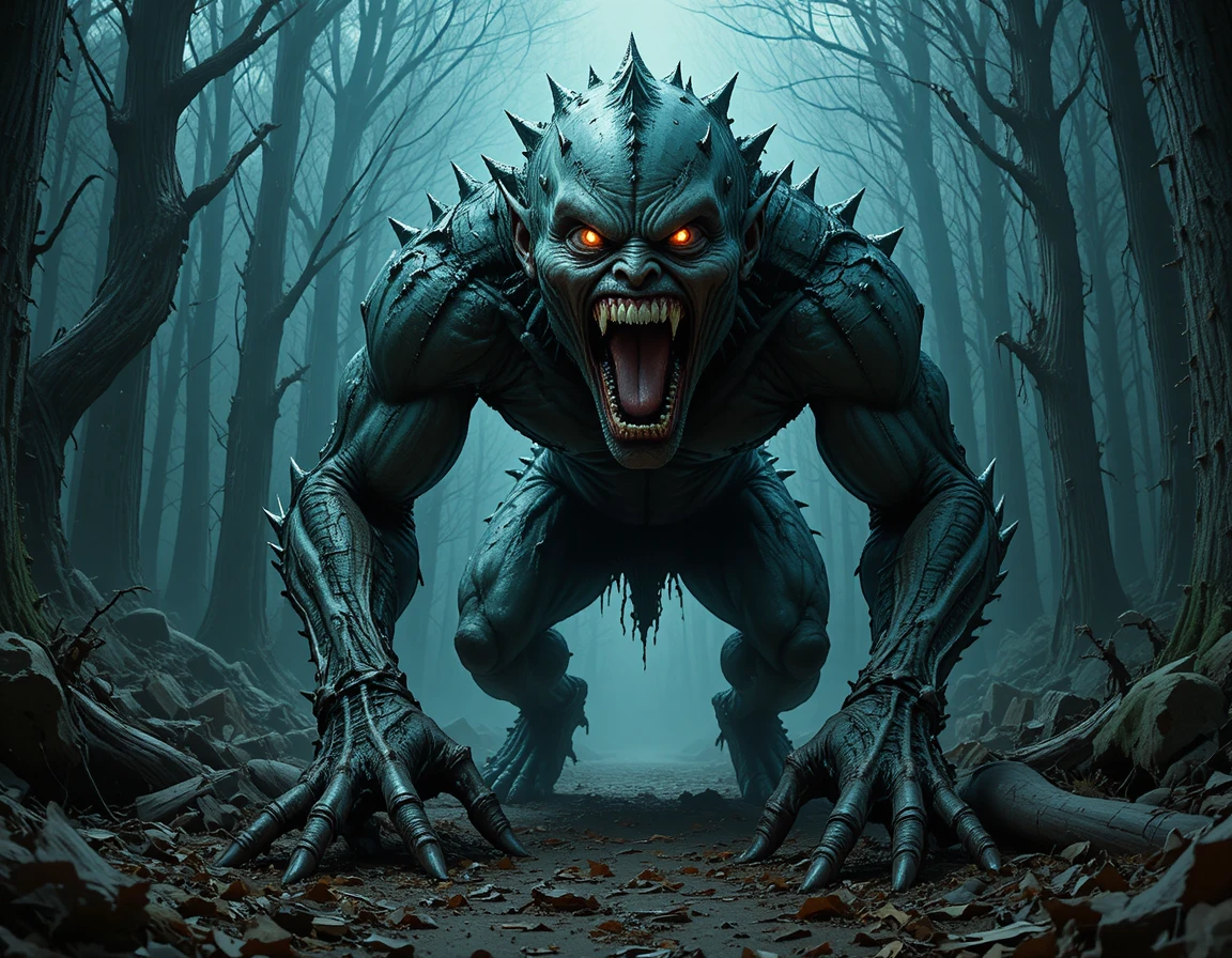 Monstruo amenazante arrastrándose por un bosque oscuro y brumoso