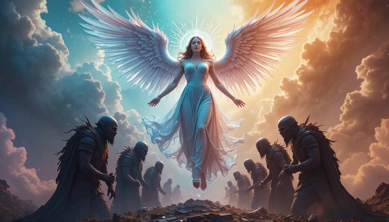 Angel woman ascending to heaven before astonished orcs
