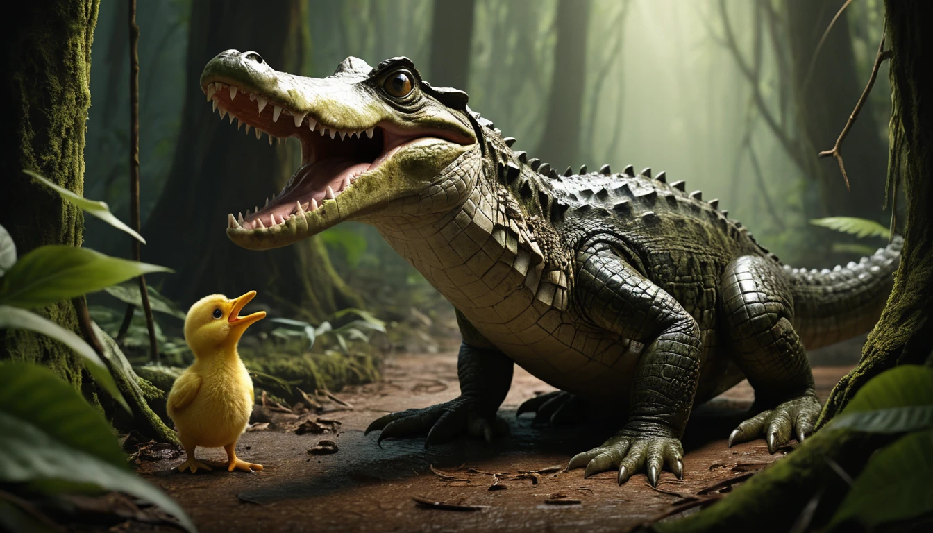 Lost baby facing crocodile threat in dark forest
