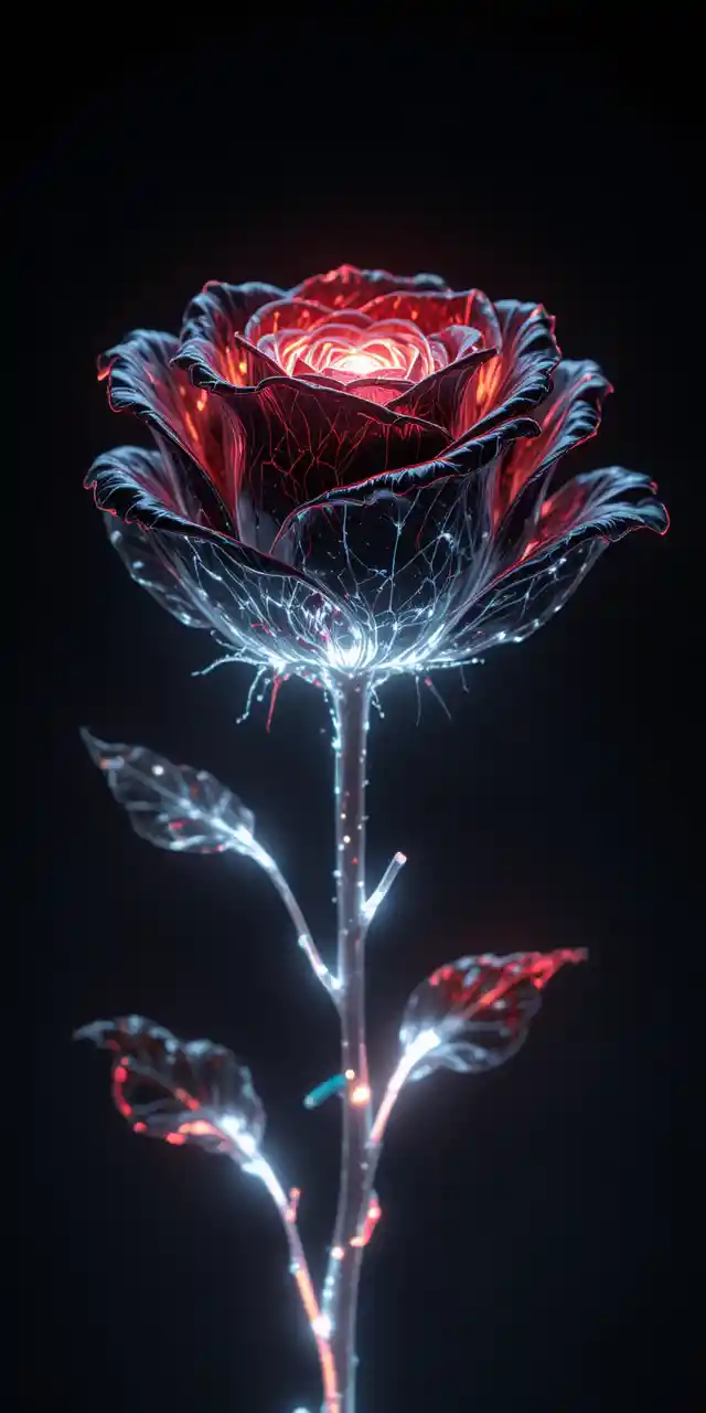 Rosa nera luminosa con petali di vetro su sfondo scuro