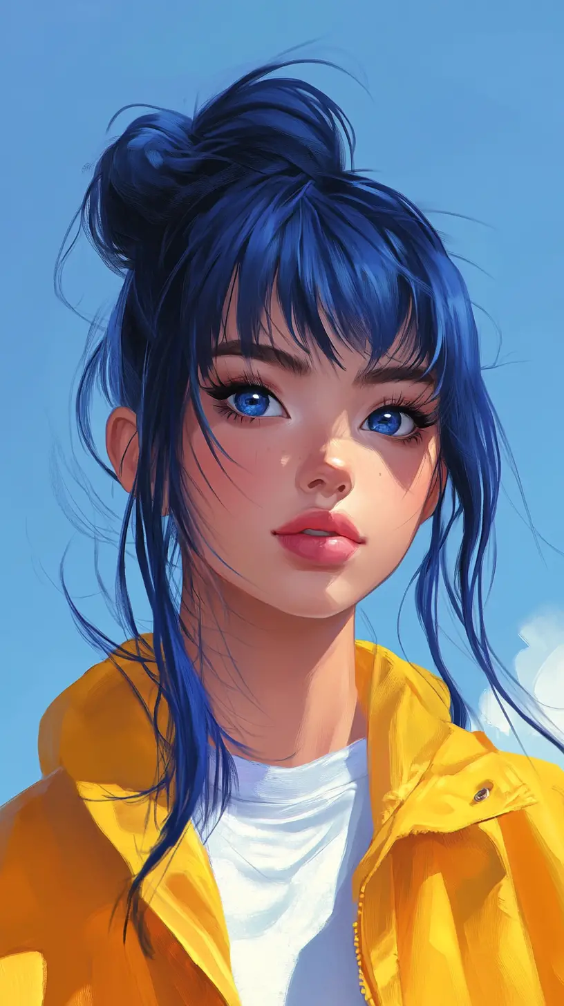Young anime girl in yellow jacket under blue sky