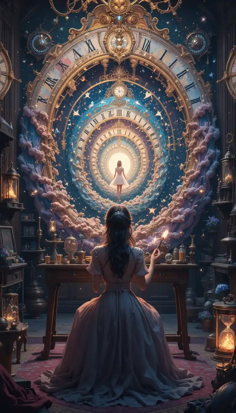 Magical anime painter in a glowing recursive art studio