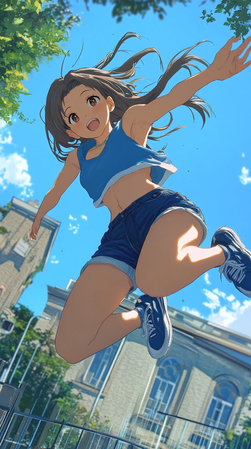 Chica de anime atlética saltando alto bajo un cielo azul brillante
