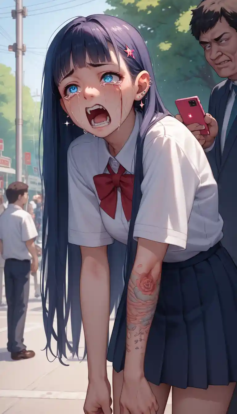 Anime schoolgirl with colorful long hair in public space