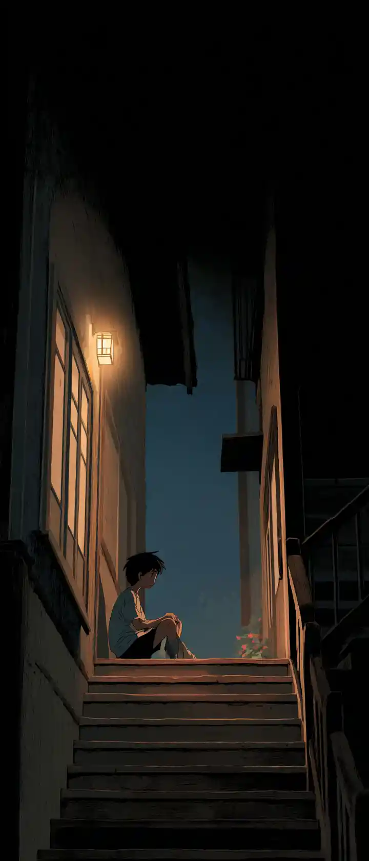 Boy crying on midnight staircase holding glowing heirloom