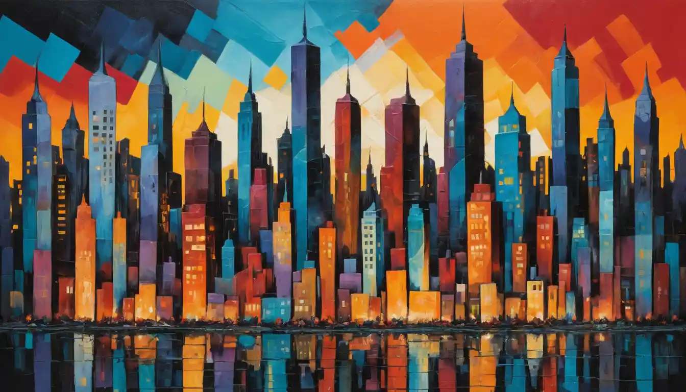 Pintura abstracta y fragmentada de paisaje urbano al atardecer con colores vivos