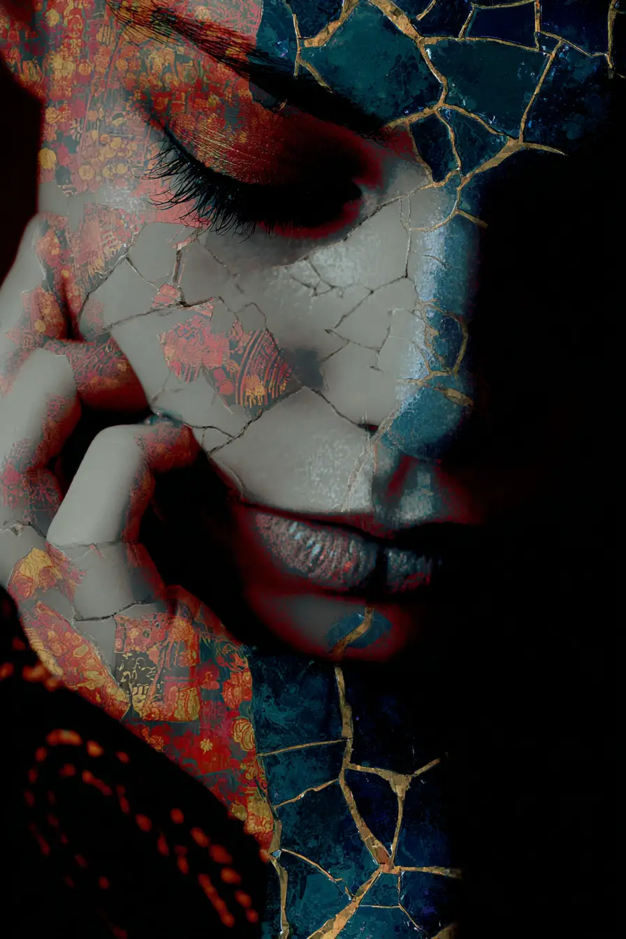 Silent surreal painting of abstract kintsugi inspired forms
