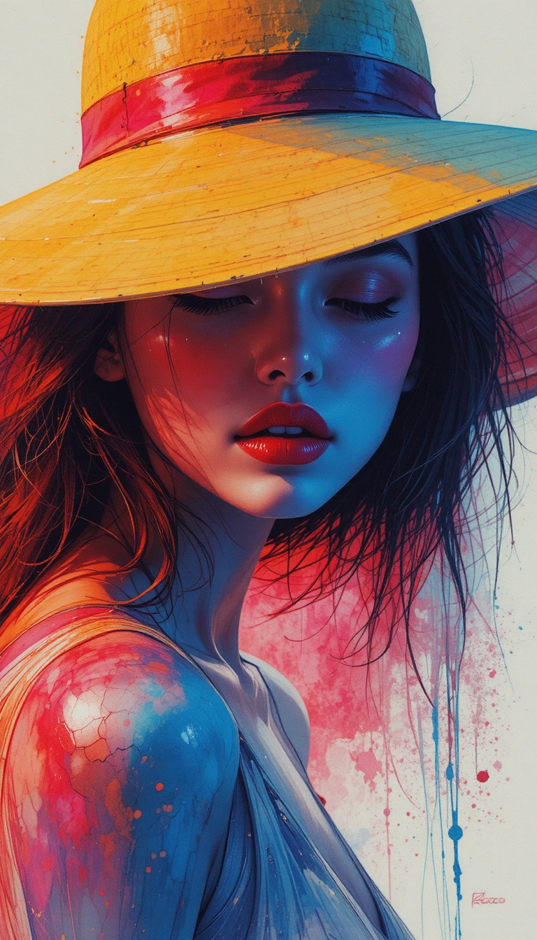 Retrato cinematográfico de uma mulher com chapéu amarelo de aba larga