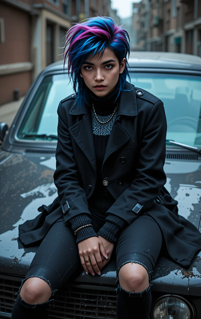 Nonbinary grunge teen sitting on a car hood