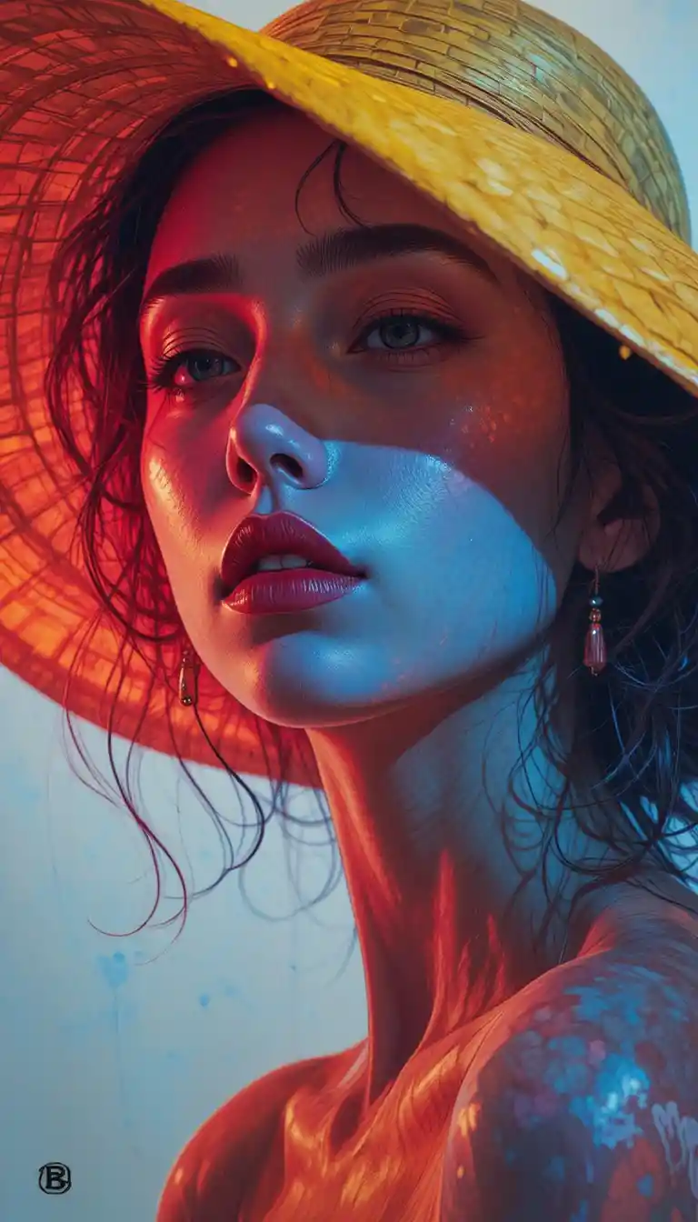 Retrato cinematográfico de una mujer con un amplio sombrero amarillo