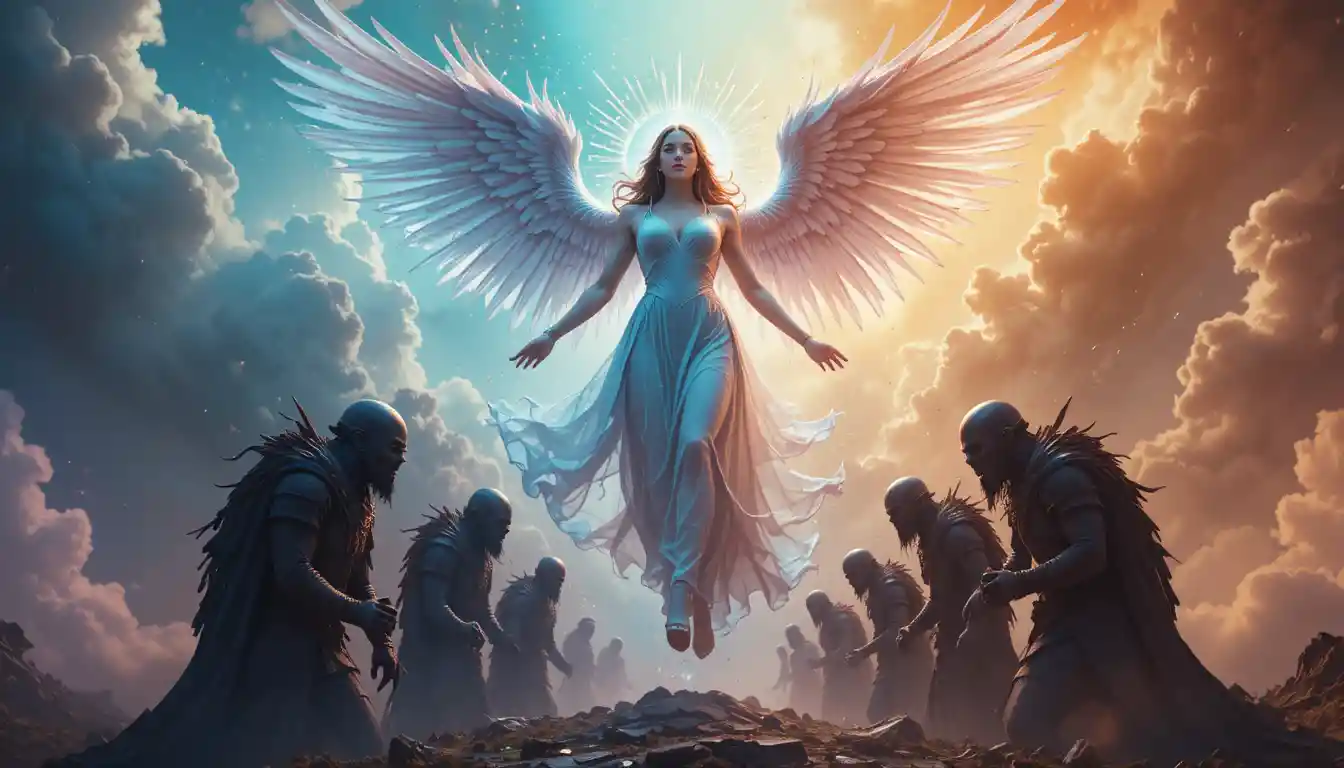 Angel woman ascending to heaven before astonished orcs