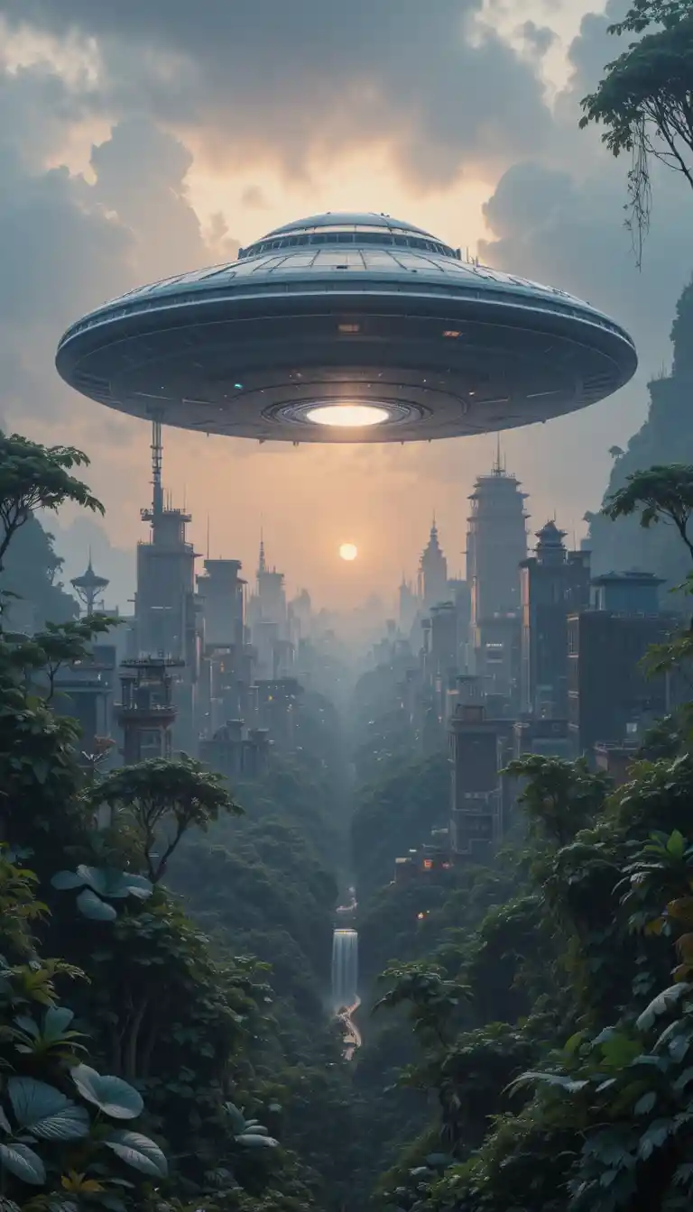 OVNI futurista flotando sobre un exuberante paisaje de selva