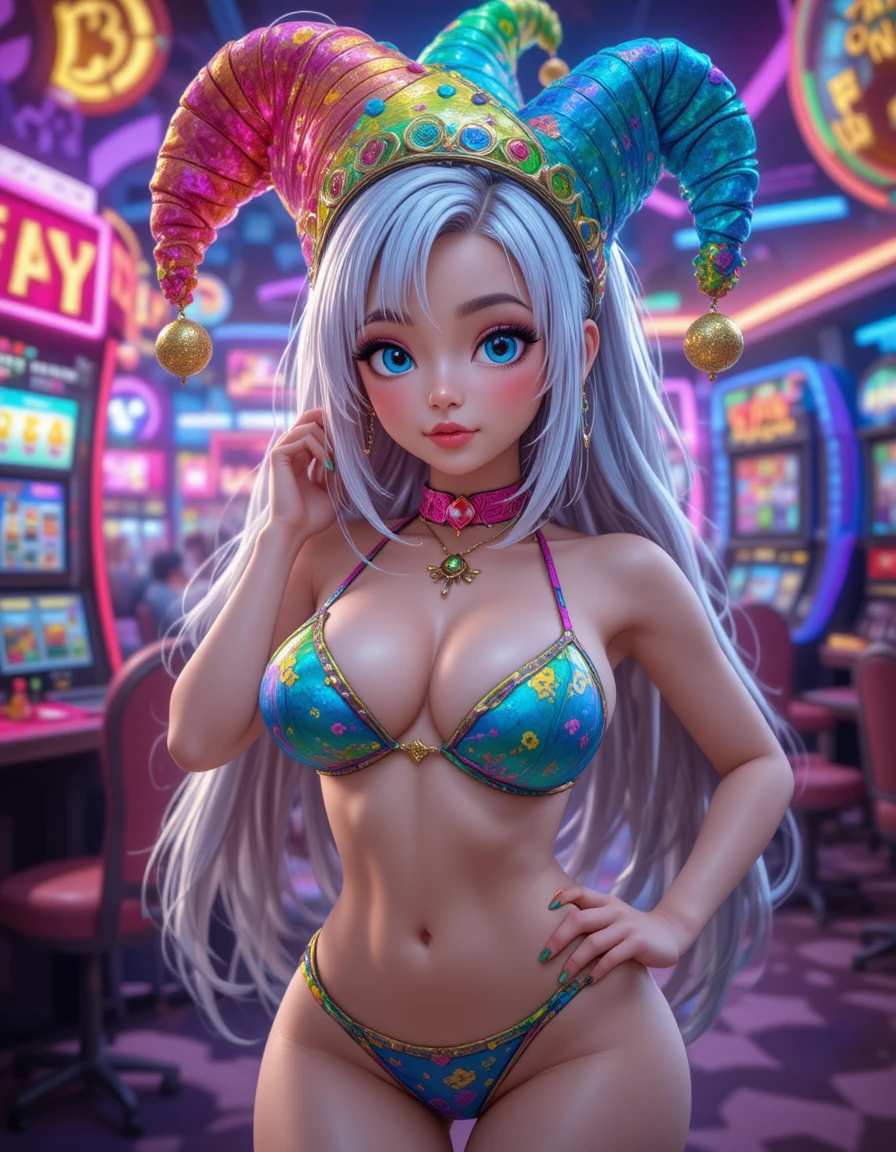 Anime woman in jester hat at neon casino