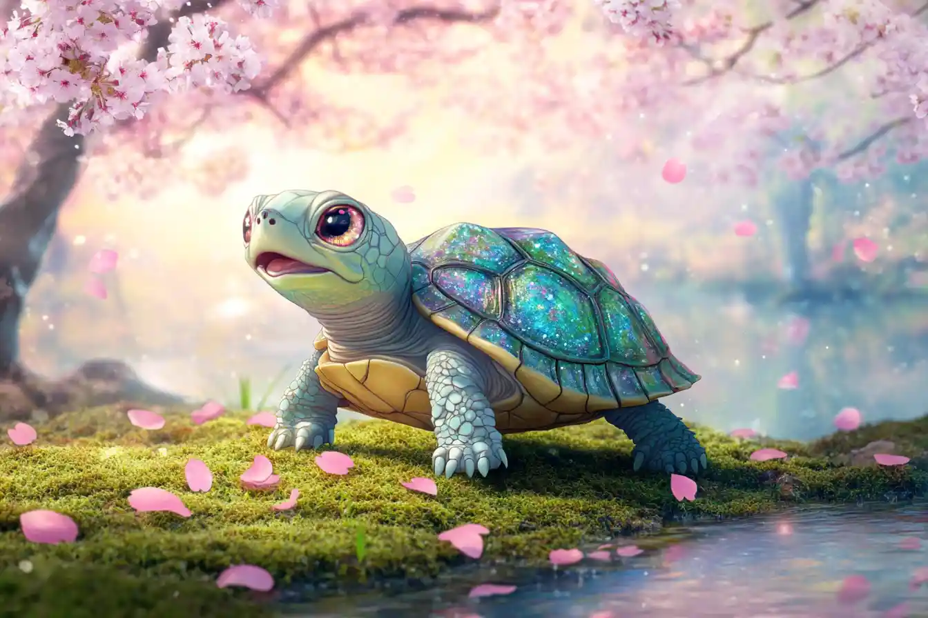 Filhote de tartaruga fofo sob flores de cerejeira ao amanhecer