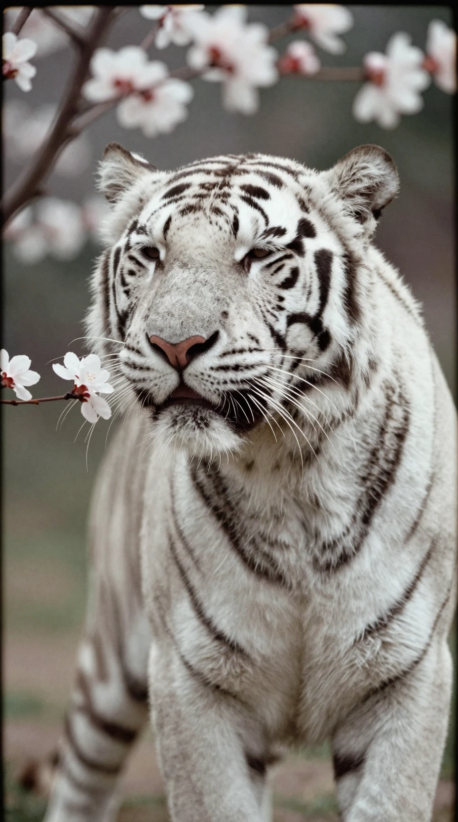 Tigre blanco oliendo flores en un sereno primer plano
