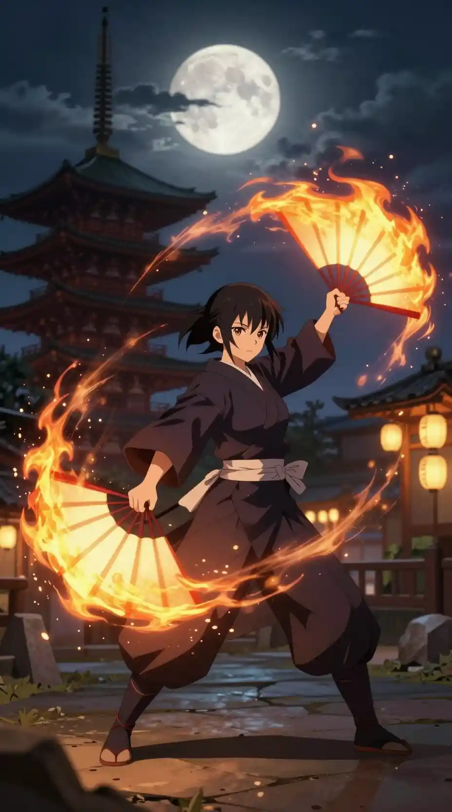 Guerrera de anime girando abanicos en llamas junto a una pagoda