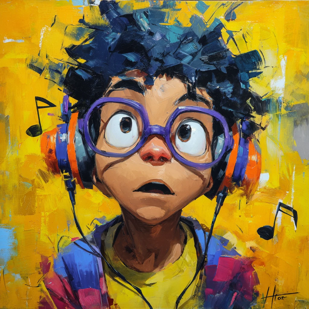 Personaje de caricatura juguetón con gafas de colores y auriculares