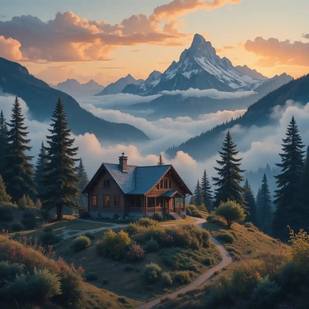 Mountain house at sunrise with trees and soft clouds
