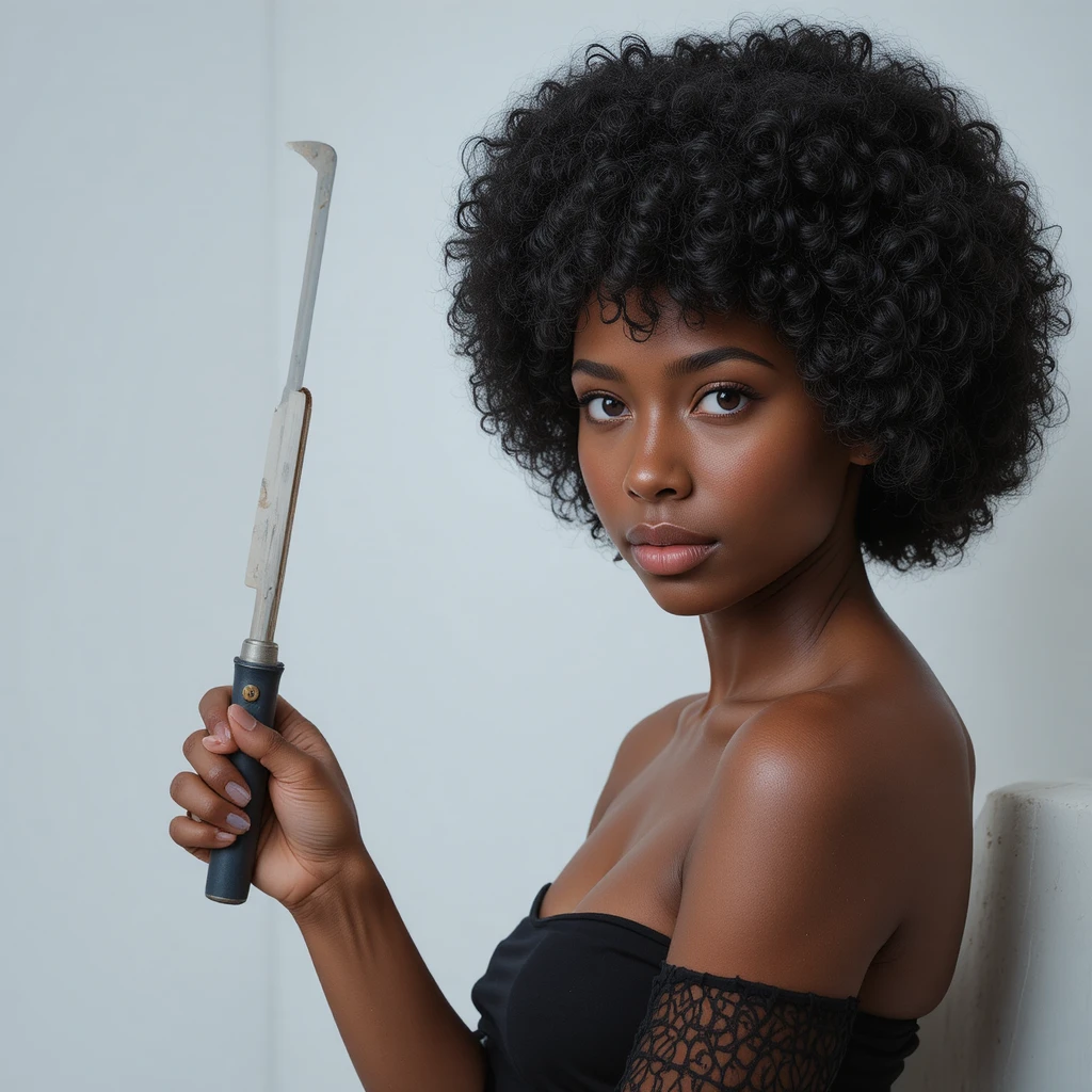 Confident Black woman portrait with natural afro and afro pick