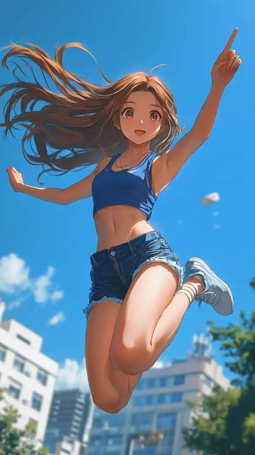 Athletic anime girl leaping high above a schoolyard
