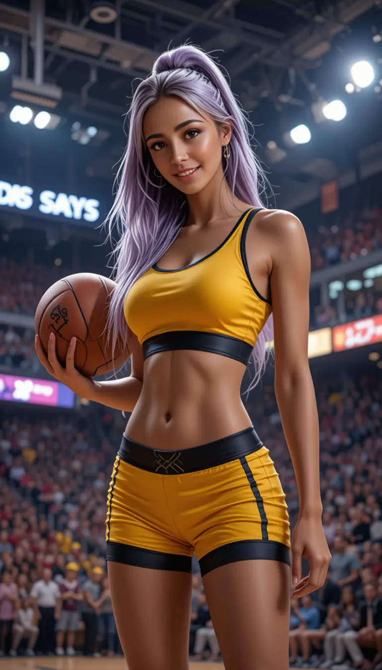 Muscular woman with basketball on indoor court