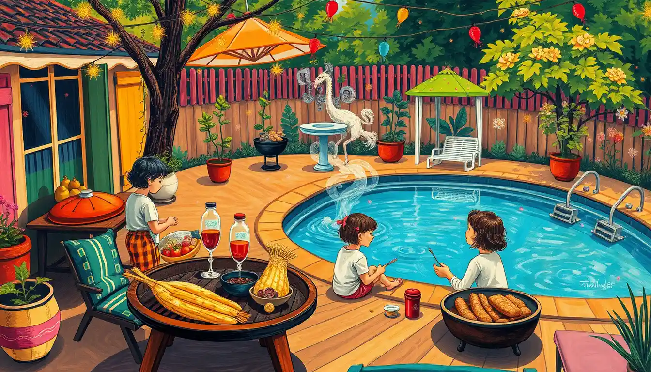 Whimsical backyard pool and barbecue family gathering illustration