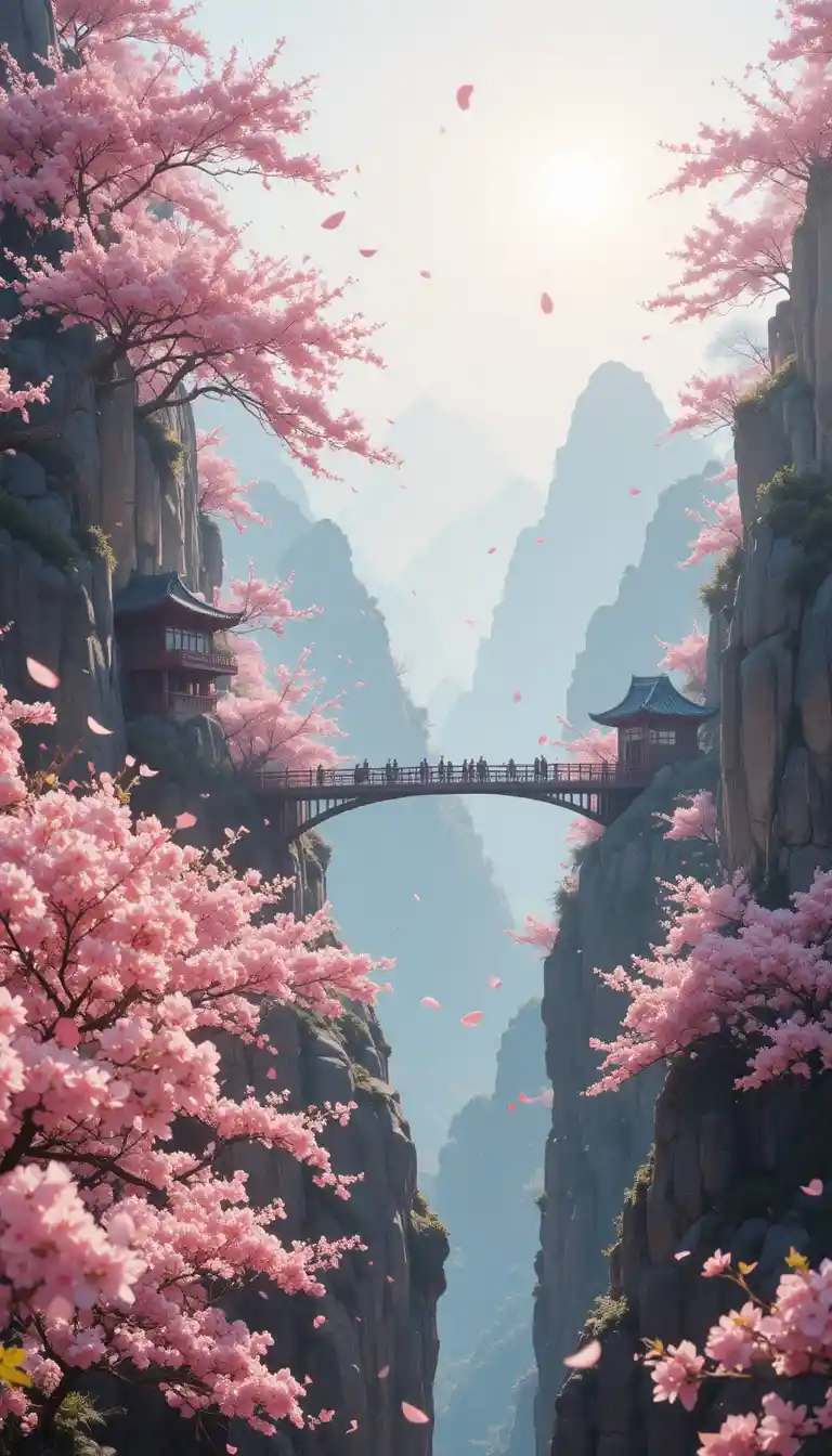 Puente colgante de montaña entre cerezos en flor y templo en el acantilado al amanecer