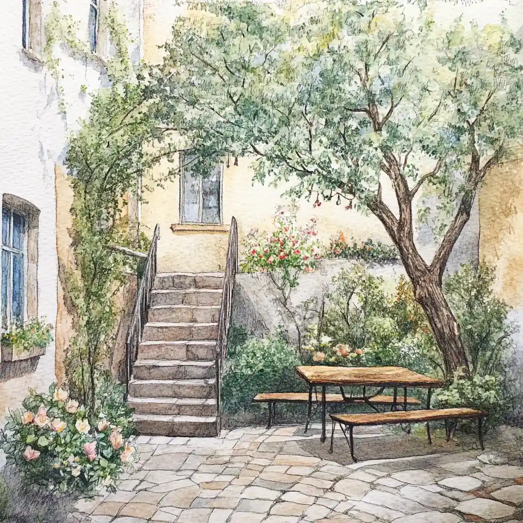 Cozy city courtyard with crooked tree and garden bench