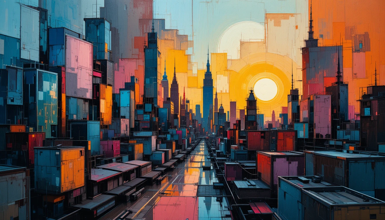 Abstract cityscape painting twisting reality at dusk