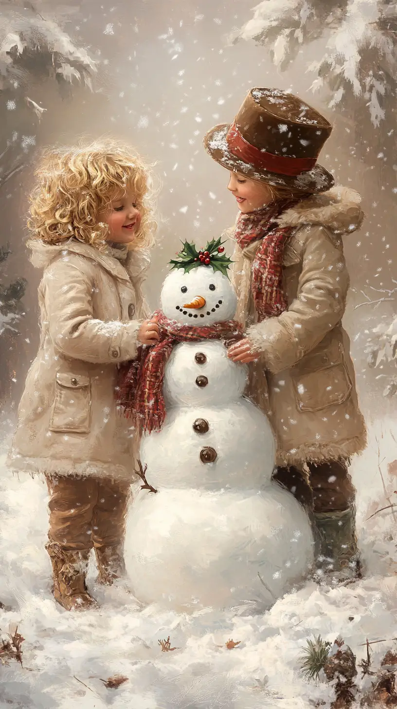 Children Building A Snowman In A Quiet Winter Wonderland