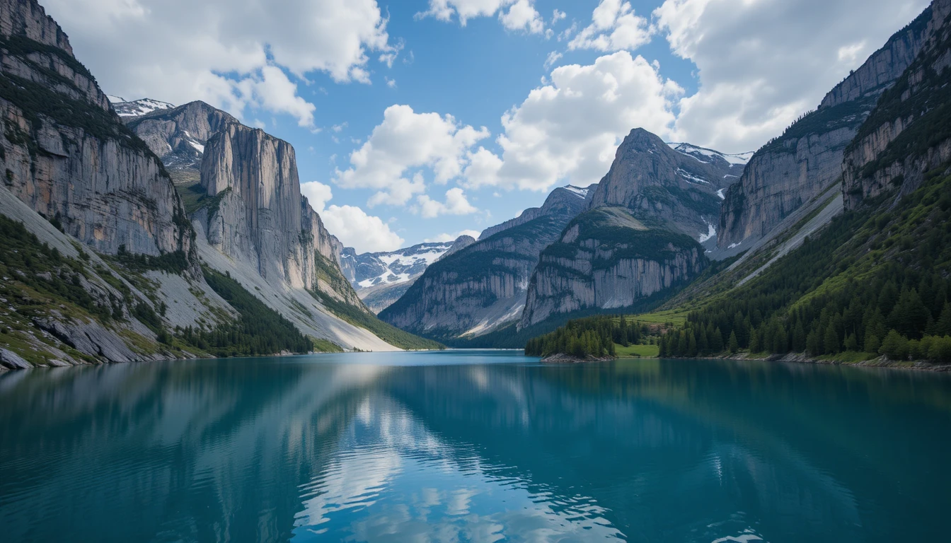 Tranquillo lago di montagna con scogliere e acqua a specchio
