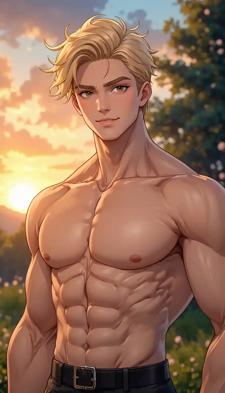 Hombre de ojos dorados en retrato de anime al amanecer