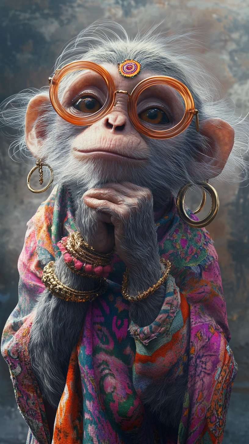 Retrato estilizado de macaco com acessórios boêmios e olhar pensativo
