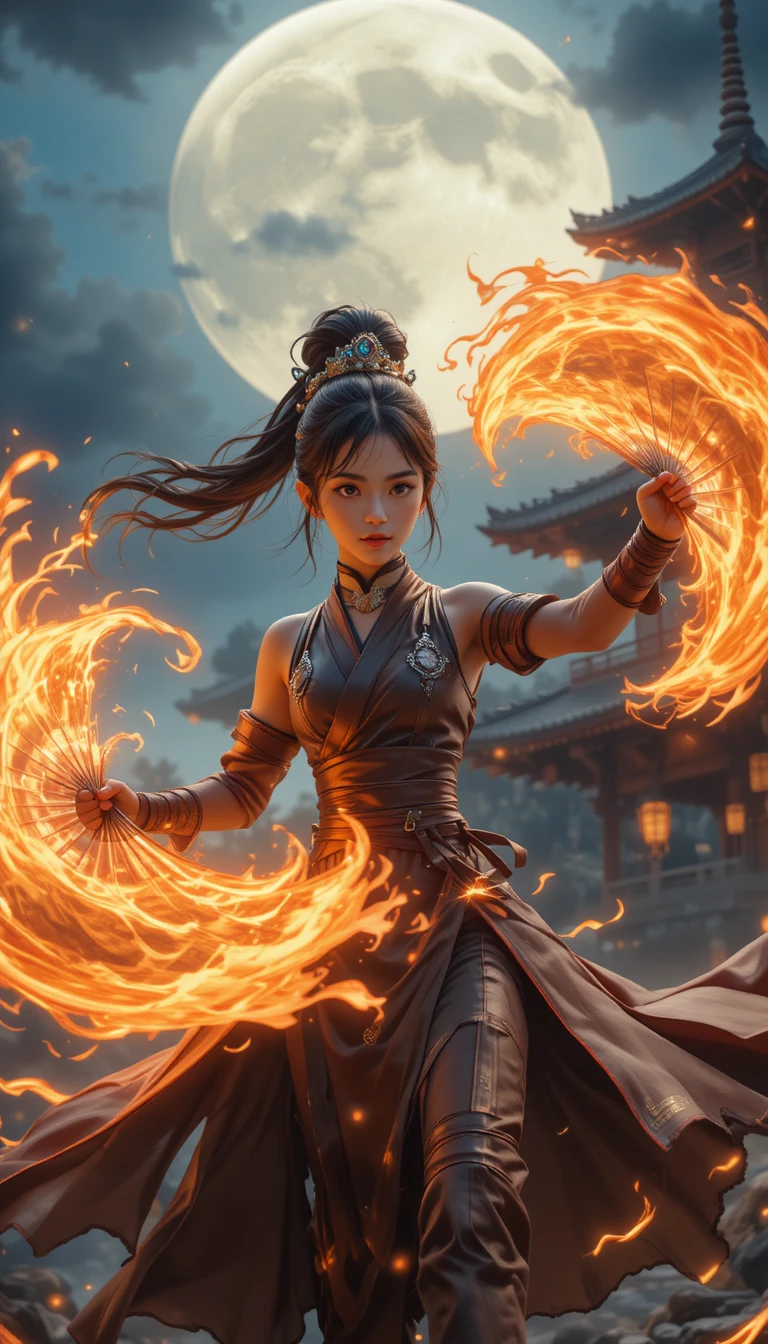 Guerrera ninja de anime girando abanicos en llamas junto a una pagoda