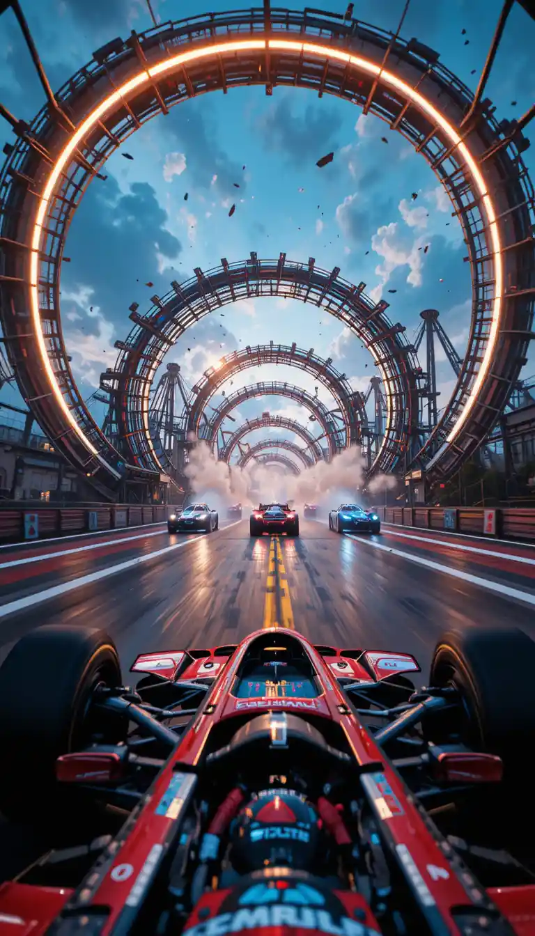 Auto da corsa futuristiche in loop su una gigantesca pista sci‑fi