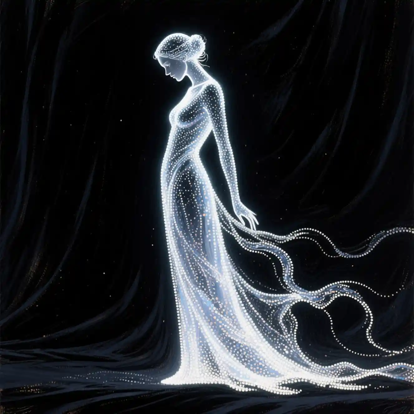 Crystalline woman poised against deep black velvety background
