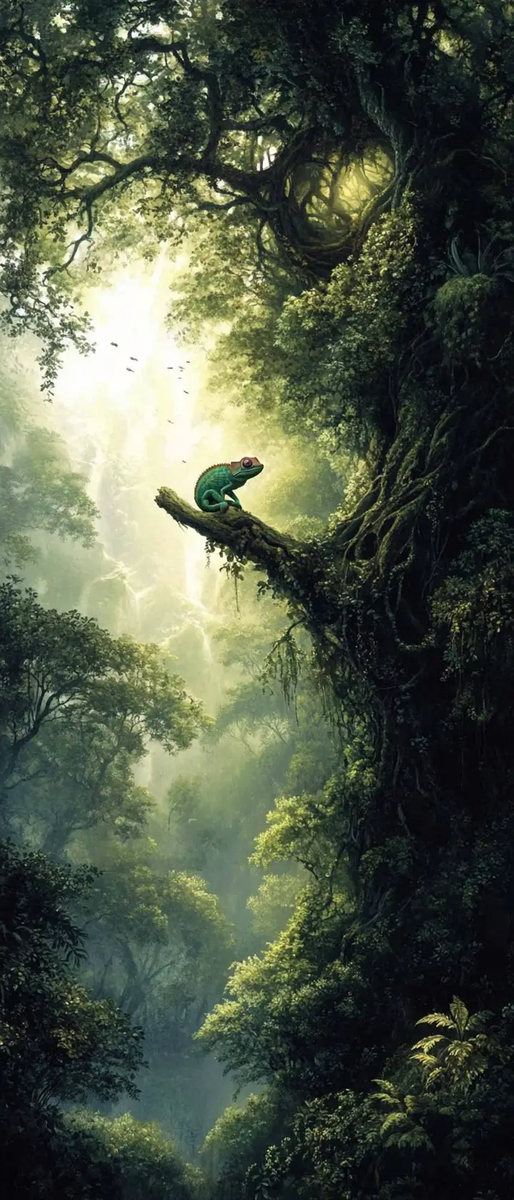 Chameleon On Ancient Jungle Branch In Dramatic Baroque Light